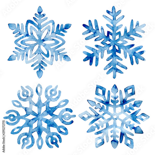 Set of watercolor snowflakes. Frost crystals drawn on paper by hand. New Year and Christmas card. Cute winter print.