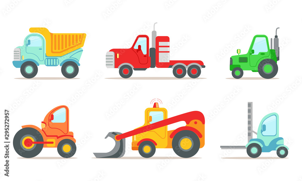 Construction Vehicles Set, Truck, Tractor, Forklift Loader, Bulldozer Vector Illustration