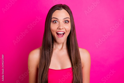 Closeup photo of pretty lady with amazing long hairstyle looking with open mouth on sale prices wear pretty off-shoulders top isolated vivid pink color background