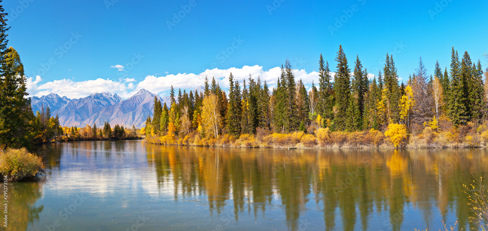 Panoramic view of the autumn banks of the river. Yellowed forest and mountains are reflected in blue water