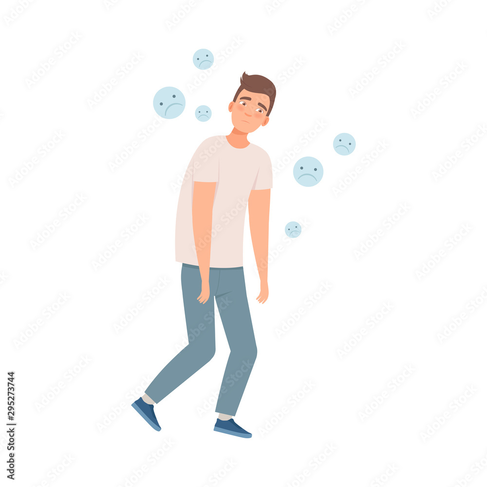 Sad man steps with his shoulders down because of depression, bad habit illustration vector Sad man steps with his shoulders down because of depression, bad habit illustration vector