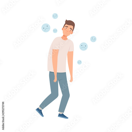 Sad man steps with his shoulders down because of depression, bad habit illustration vector
