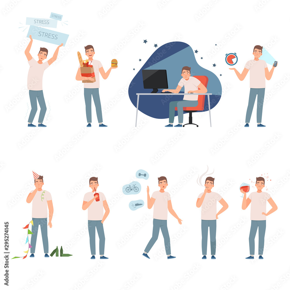 Lifestyle problems. People in a bad images and situations illustration vector