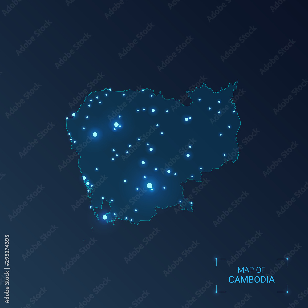 Cambodia map with cities. Luminous dots - neon lights on dark background. Vector illustration.