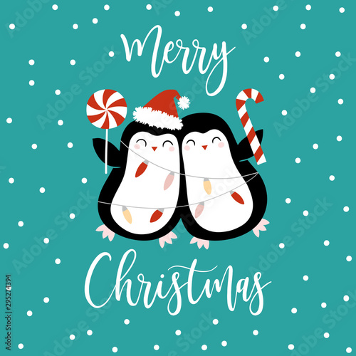 Cute Christmas penguins with slogan on green background. Perfect for tee shirt logo, greeting card, poster, invitation or print design.  photo