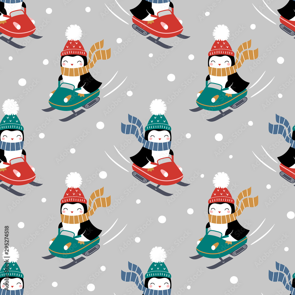 Seamless vector pattern with cute penguins on snowmobile. Perfect for textile, wallpaper or print design. 