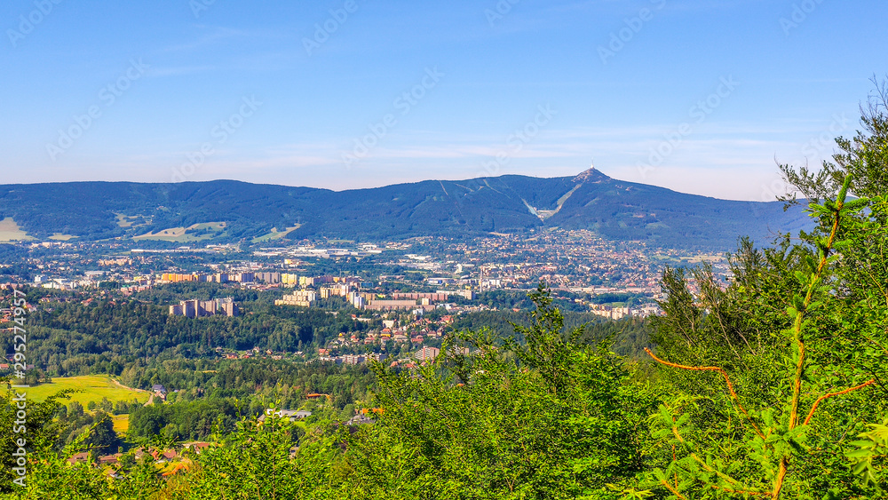 View of Liberec city and Jested mountain on sunny summer day