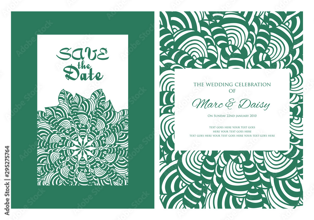 Invitation or wedding card with mandala vector illustration. Template of Business card, greeting card, Gift voucher, background pattern, fashion design.