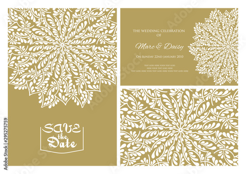 Invitation or wedding card with mandala vector illustration. Template of Business card, greeting card, Gift voucher, background pattern, fashion design.
