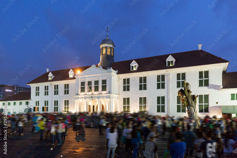 Beautiful view of the Jakarta History Museum on Fatahillah Square, Batavia Jakarta, Indonesia, in the blue hour after sunset