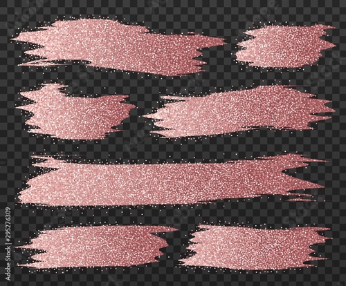 Rose gold glitter brush strokes set. Bright glowing festive sequins and sparkles. Pink sparkle luxury design element isolated. Vector illustration.