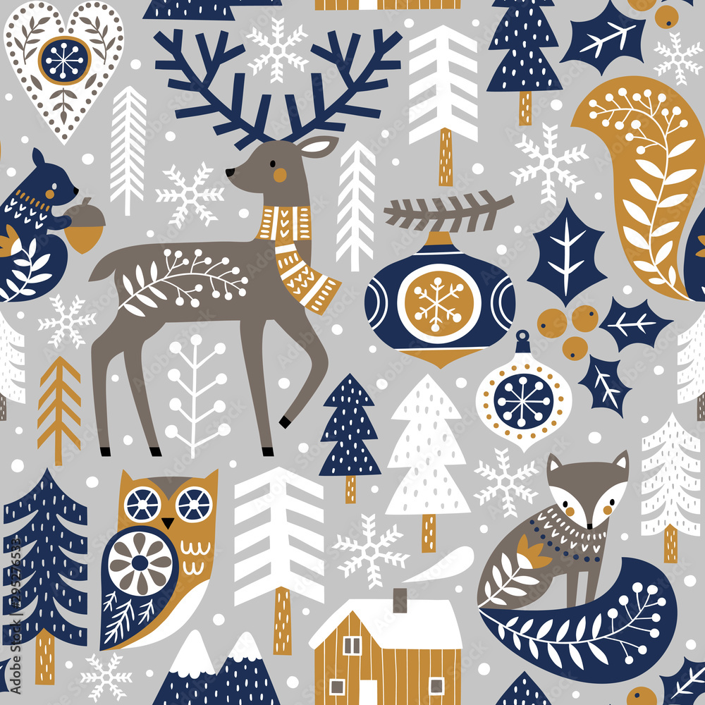 Seamless vector pattern with cute woodland animals, woods and snowflakes on light grey background. Scandinavian Christmas illustration. 