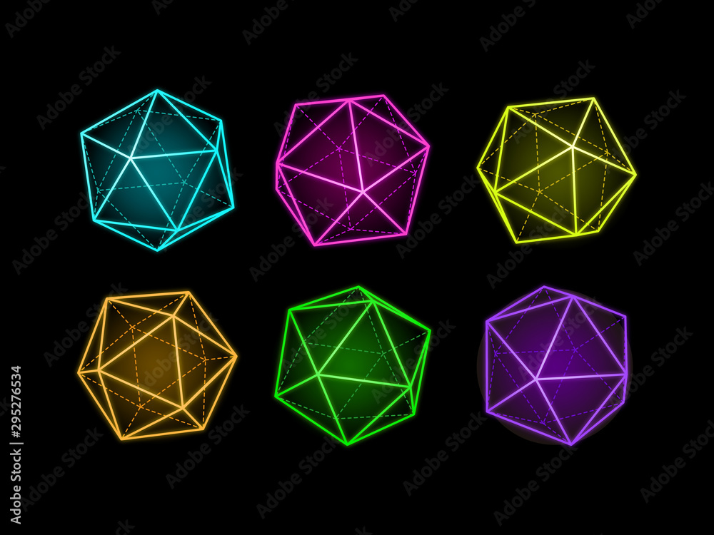 Neon icosahedron vector illustration. Transparent low poly geometric shapes. Three-dimensional forms polyhedrons. Neon icosahedron vector illustration. Transparent low poly geometric shapes. Three-dimensional forms polyhedrons.