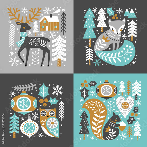 Scandinavian Christmas illustration with cute woodland animals  woods and snowflakes on dark grey background. Perfect for tee shirt logo  greeting card  poster  invitation or print design. 