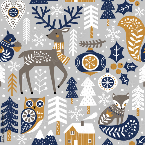Seamless vector pattern with cute woodland animals, woods and snowflakes on light grey background. Scandinavian Christmas illustration.  photo