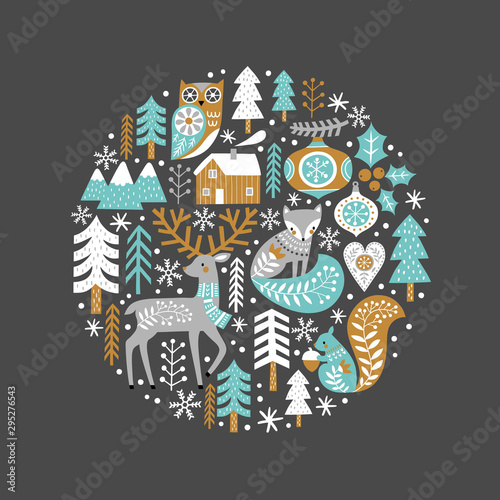 Scandinavian Christmas illustration with cute woodland animals, woods and snowflakes on dark grey background. Perfect for tee shirt logo, greeting card, poster, invitation or print design. 