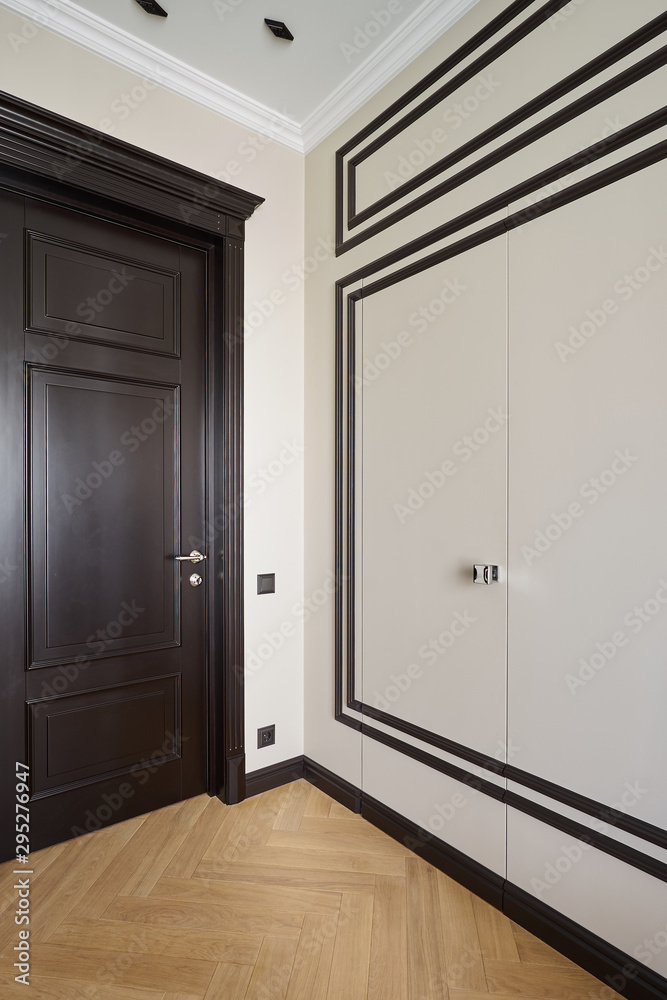 dark brown door with steel handle in classic interior