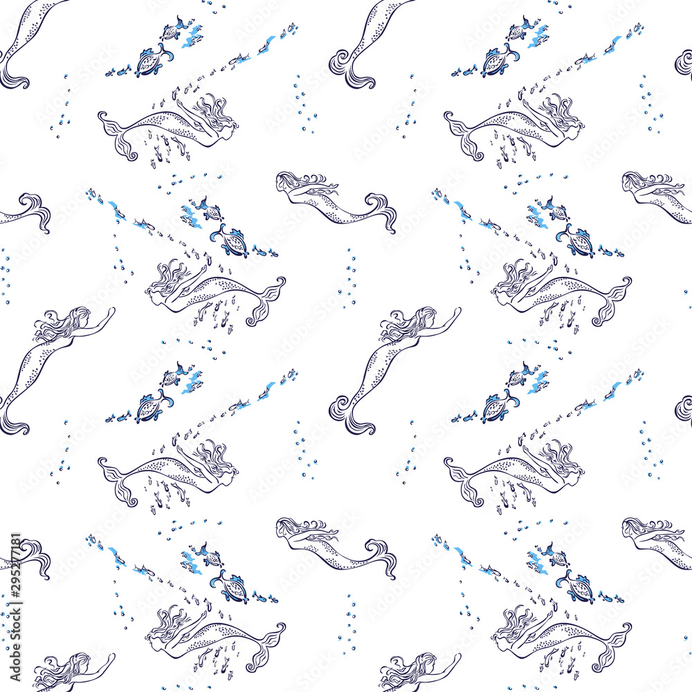 Seamless pattern. Mermaids swim between fishs Seamless pattern. Mermaids swim between fishs
