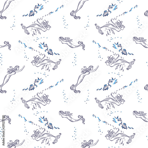 Seamless pattern. Mermaids swim between fishs © nairina
