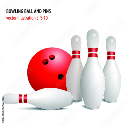 Fototapet Bowling ball and pins isolated on white