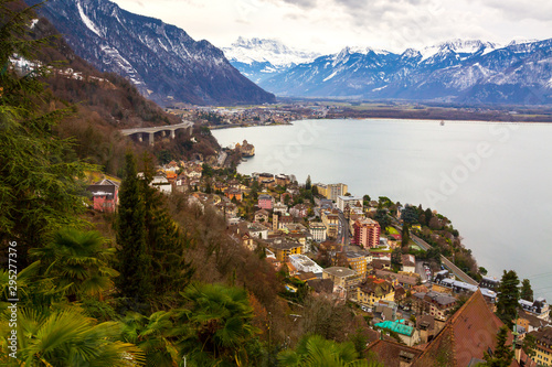Montreux city panorama at winter time, Switzerland