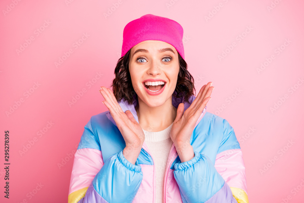 Closeup photo of overjoyed by amazing news lady wear warm colored coat isolated pink background Closeup photo of overjoyed by amazing news lady wear warm colored coat isolated pink background