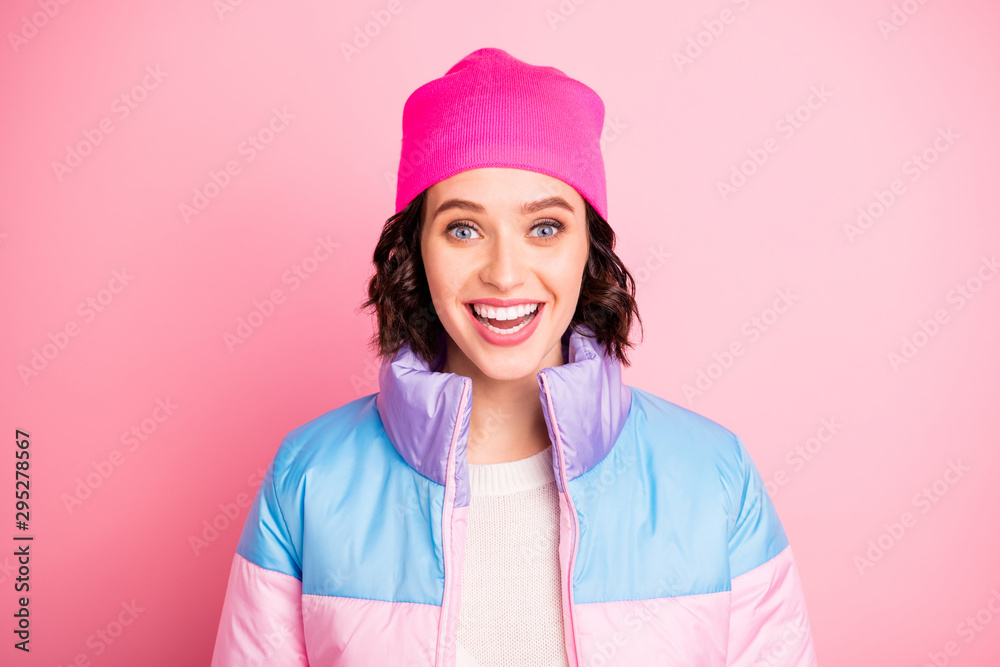 Closeup photo of nice lady wear warm colored coat isolated pink background Closeup photo of nice lady wear warm colored coat isolated pink background