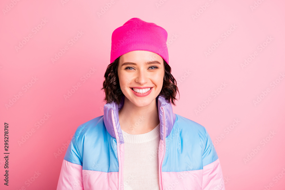 Closeup photo of nice lady wear warm colored coat isolated pink background Closeup photo of nice lady wear warm colored coat isolated pink background
