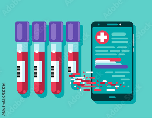 The results of clearly deciphered medical tests can be viewed online on a smartphone. Vector illustration, flat cartoon clinical checklist document with checkbox, insurance or medicine service concept