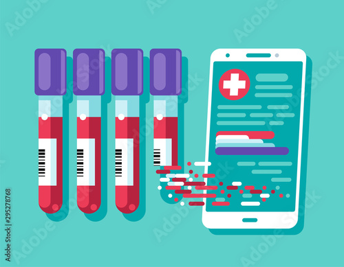 The results of clearly deciphered medical tests can be viewed online on a smartphone. Vector illustration, flat cartoon clinical checklist document with checkbox, insurance or medicine service concept