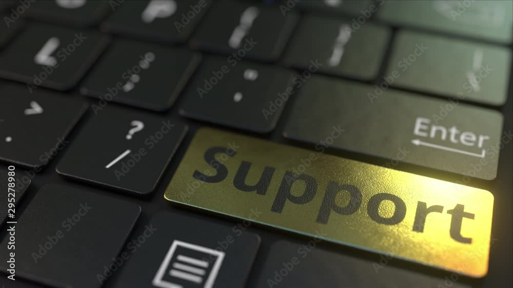 Black computer keyboard and gold support key. Conceptual 3D animation