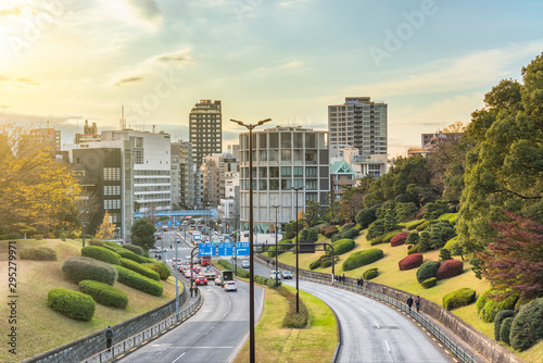 The edges of Akasaka Suginami Road lined with azalea shrubs trimmed into balls and separating Yoyogi Park from Yoyogi Olympic Gymnasium.