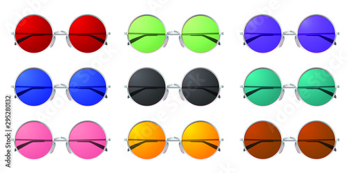 Eyeglasses collection shaded with different colors isolated on white.