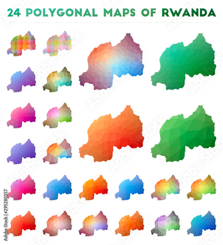 Set of vector polygonal maps of Rwanda. Bright gradient map of country in low poly style. Multicolored Rwanda map in geometric style for your infographics.