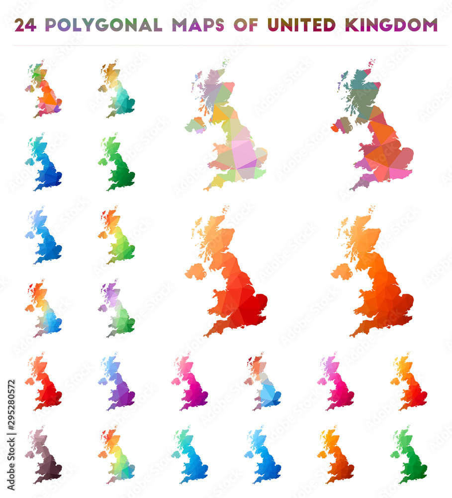 Set of vector polygonal maps of United Kingdom. Bright gradient map of country in low poly style. Multicolored United Kingdom map in geometric style for your infographics.