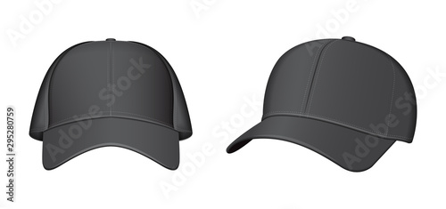 Black baseball cap set. Vector realistic illustration