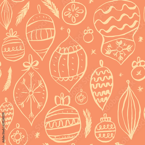 Vector Christmas seamless pattern with vintage toys. Repeated texture with retro christmas baubles. Vector print for fabrics, wrapping paper, textile design. Hand drawn ink print