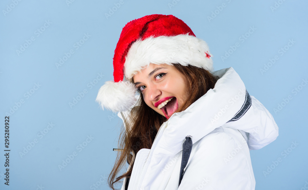 Happy New Year to you. morning before xmas. winter holiday and vacation. woman in down jacket. girl santa claus hat. padded coat fashion. warm clothing. fun and gifts. happy new year. merry christmas Happy New Year to you. morning before xmas. winter holiday and vacation. woman in down jacket. girl santa claus hat. padded coat fashion. warm clothing. fun and gifts. happy new year. merry christmas