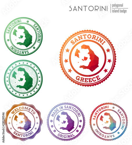Santorini badge. Colorful polygonal island symbol. Multicolored geometric Santorini logos set. Vector illustration.