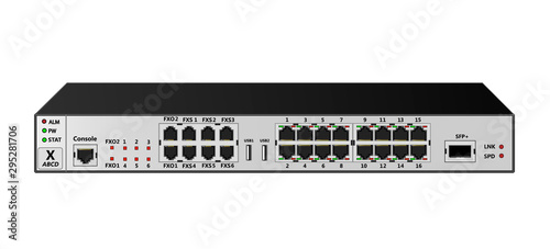 The service router for use in corporate communication networks has 16 Ethernet ports, 1 1000Base-X SFP port, 2 USB ports, 6 FXS ports, 2 FXO port. Vector illustration.