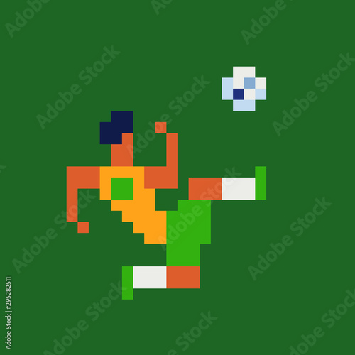 Soccer player kicks the ball pixel art  pixel art vector illustration, design for logo, sticker, mobile app. Game assets 8-bit sprite.