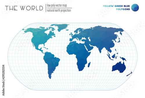 Vector map of the world. Natural Earth projection of the world. Yellow Green Blue colored polygons. Trending vector illustration.