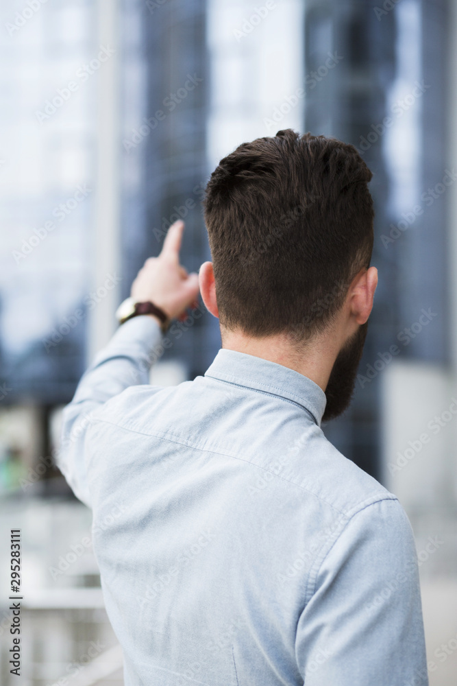 Rear view of a young businessman pointing finger Rear view of a young businessman pointing finger