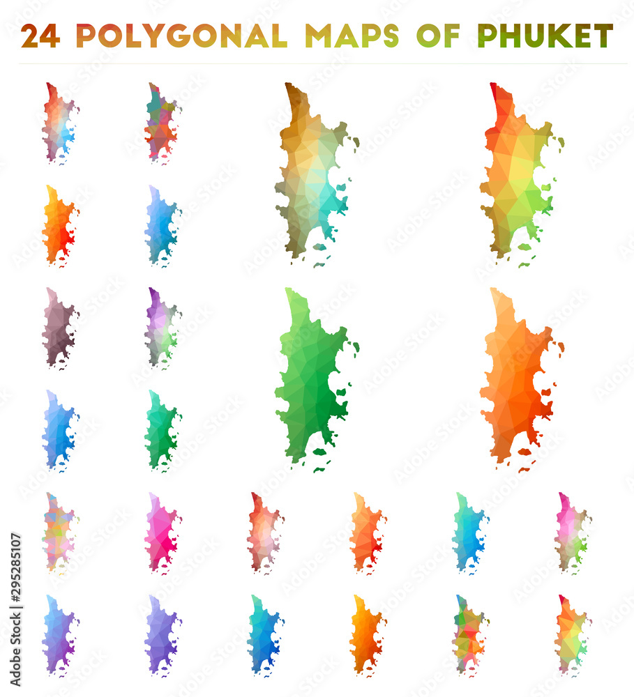 Set of vector polygonal maps of Phuket. Bright gradient map of island in low poly style. Multicolored Phuket map in geometric style for your infographics.