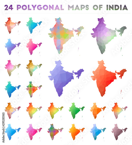 Set of vector polygonal maps of India. Bright gradient map of country in low poly style. Multicolored India map in geometric style for your infographics.