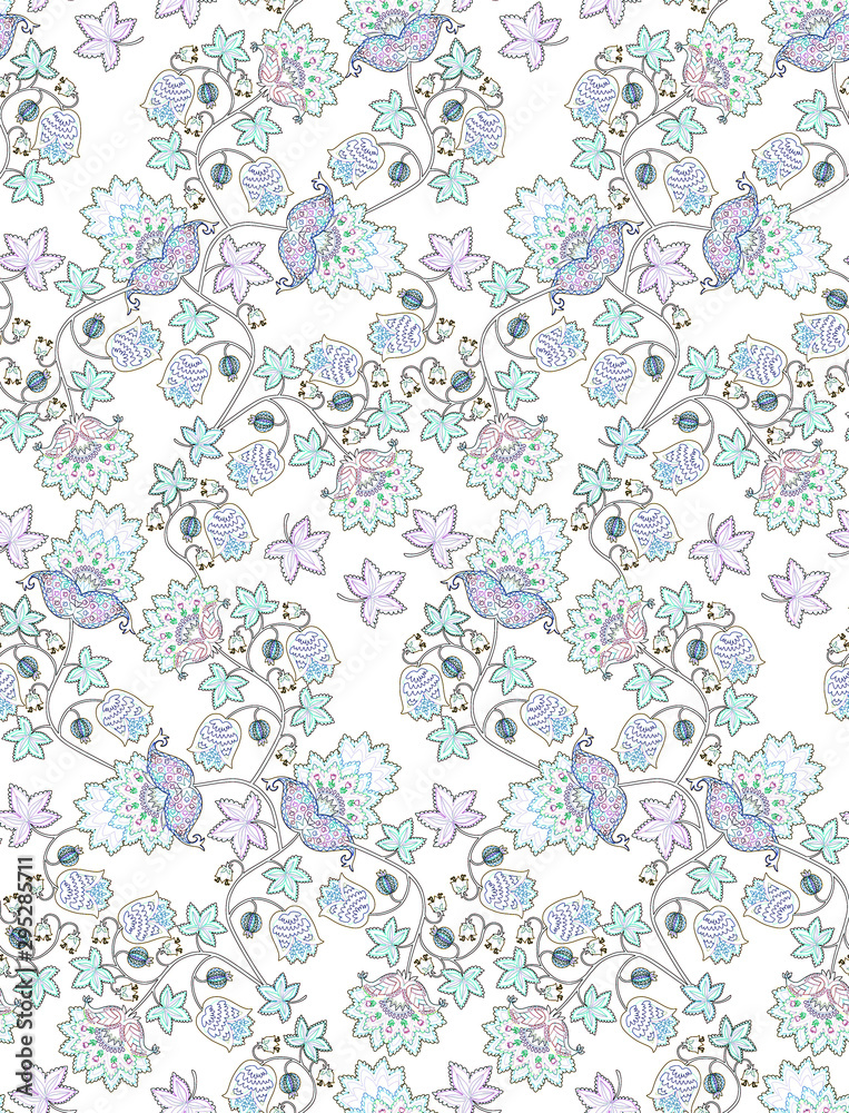 Seamless pattern with fantasy flowers , berries, leaves and paisley on white background. Vintage style. Ethnic motifs. Print for fabric, wrapping design. Embroidery imitation.