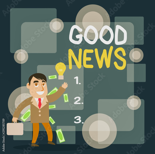 Writing note showing Good News. Business concept for Someone or something positive,encouraging,uplifting,or desirable Successful Businessman Generating Idea or Finding Solution photo