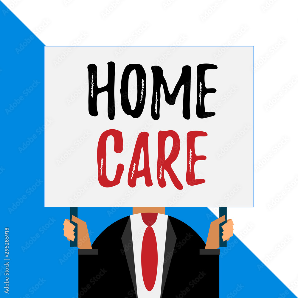 Conceptual hand writing showing Home Care. Concept meaning Place where showing can get the best service of comfort rendered Man chest dressed dark suit tie face holding big rectangle Conceptual hand writing showing Home Care. Concept meaning Place where showing can get the best service of comfort rendered Man chest dressed dark suit tie face holding big rectangle