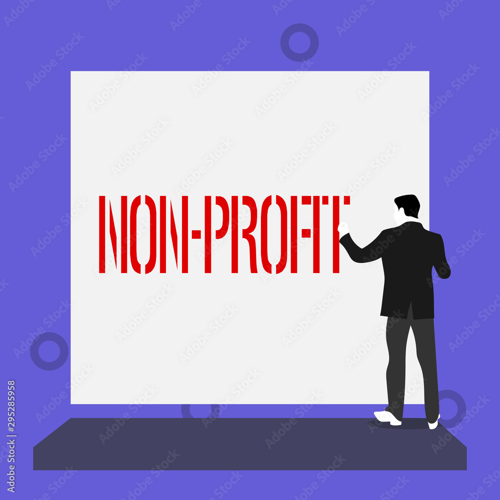 Handwriting text writing Non Profit. Conceptual photo providing products or service without paying back in return Back view young man dressed suit standing platform facing blank rectangle Handwriting text writing Non Profit. Conceptual photo providing products or service without paying back in return Back view young man dressed suit standing platform facing blank rectangle
