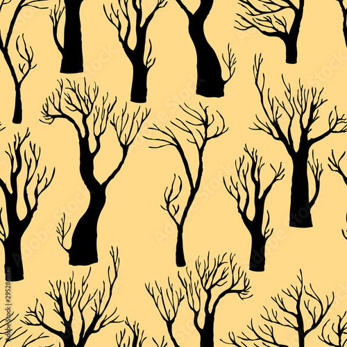 Seamless pattern of silhouettes of stylized deciduous trees